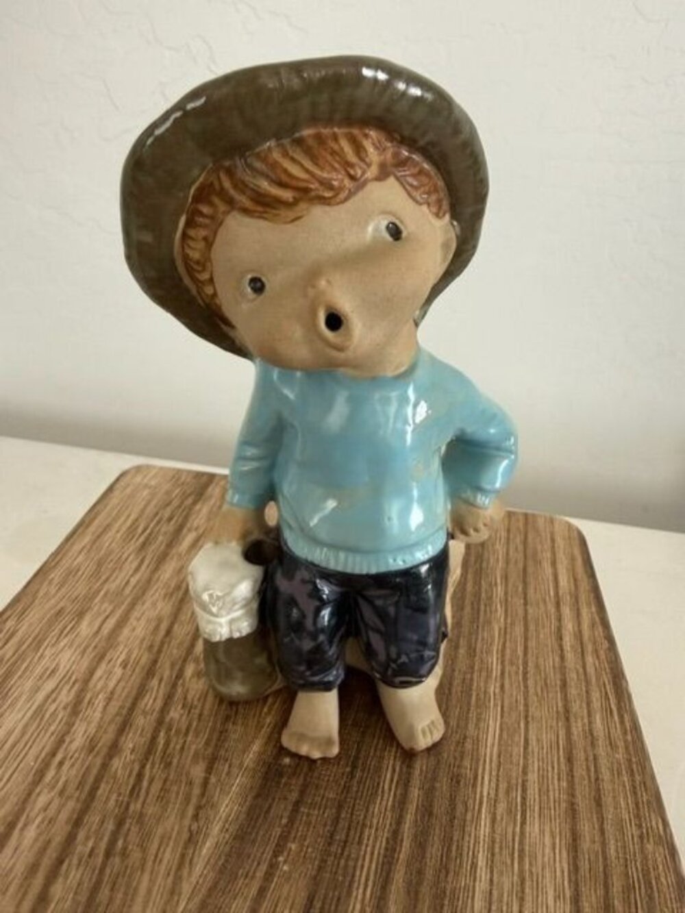 Vintage Ceramic Boy with Kitten in Bag Figurine 6.5" Made in Japan Hand Painted